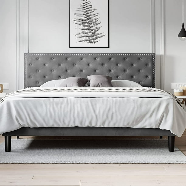 Allewie King Size Bed Frame, Velvet Upholstered Platform Bed with Adjustable Diamond Button