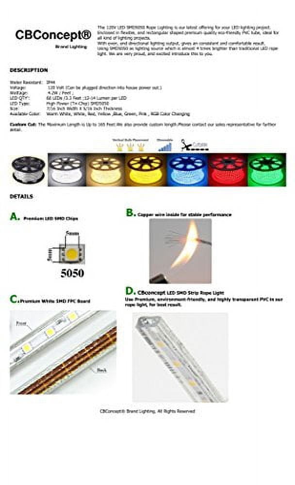 UL Listed, 50 Feet, 5500 Lumen, 3000K Warm White, Dimmable, 110-120V AC Flexible Flat LED Strip Rope Light, 930 Units 3528 SMD LEDs, Indoor/Outdoor Use, Accessories Included, [Read