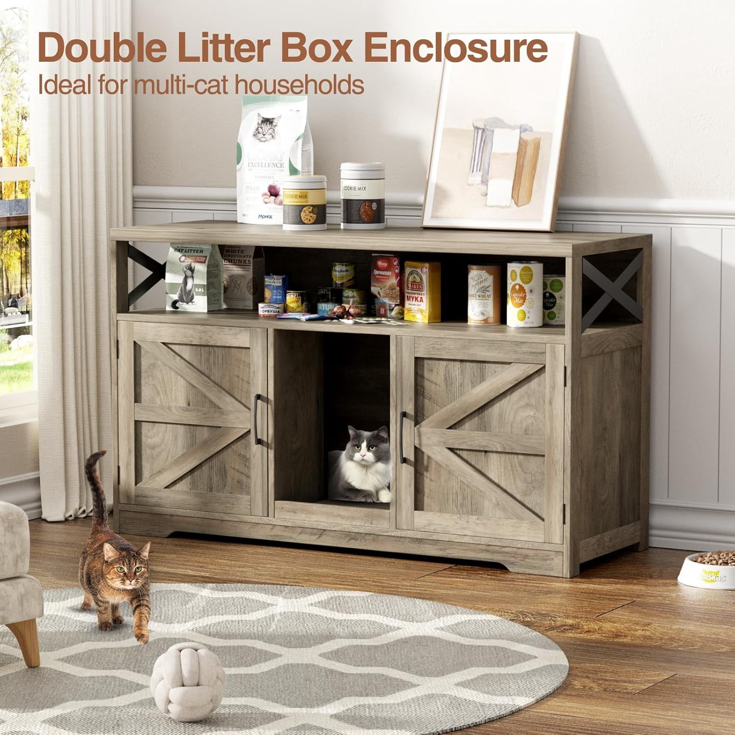 VEANERWOOD 47" Large Wood Cat Litter Box Enclosure, Hidden Cat House Washroom Furniture with Scratch Pad and Storage Shelf