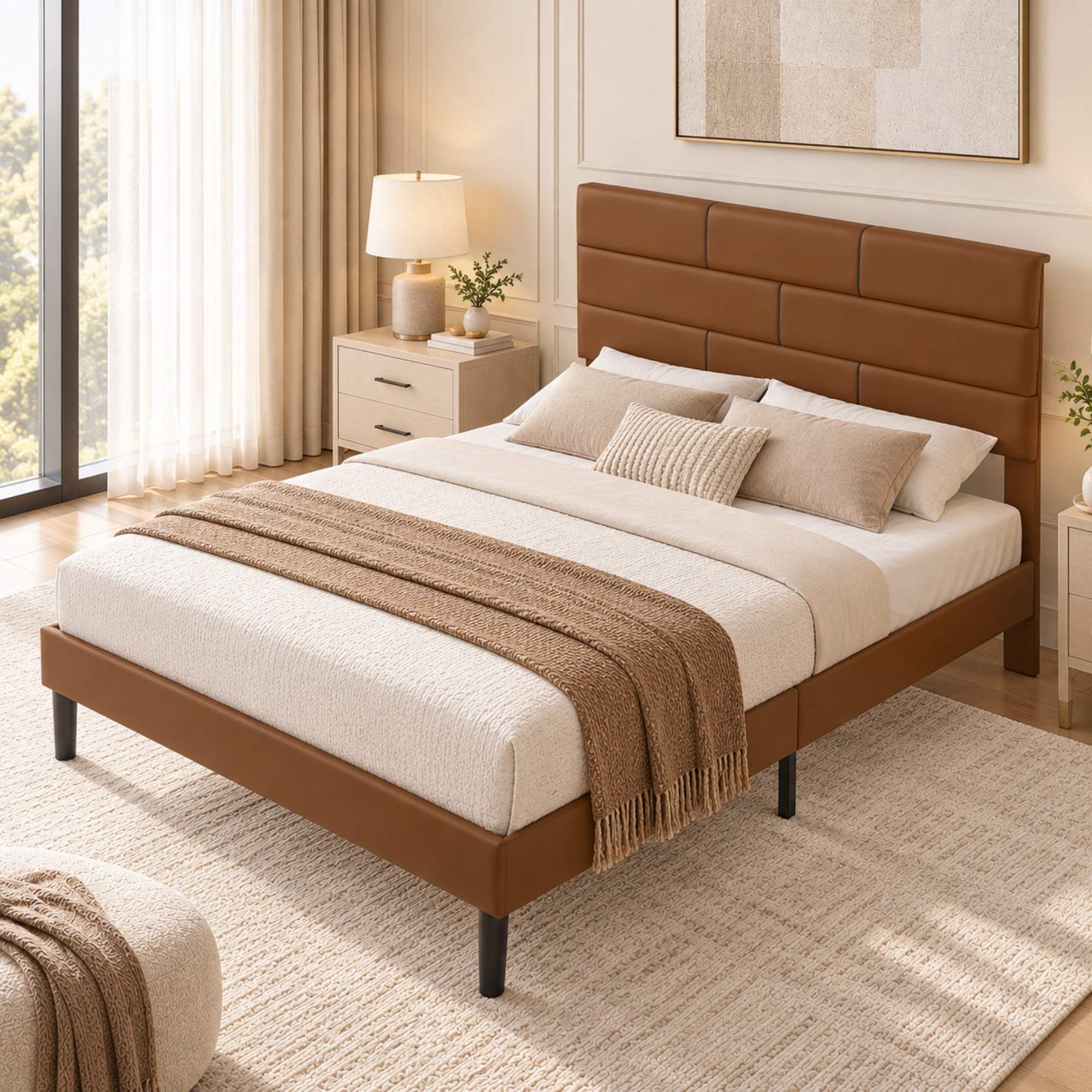 BSHTI Full Size PU Leather Platform Bed Frame with Upholstered Headboard, Wood Slats Support, No Box Spring Needed for Bedroom(Brown)