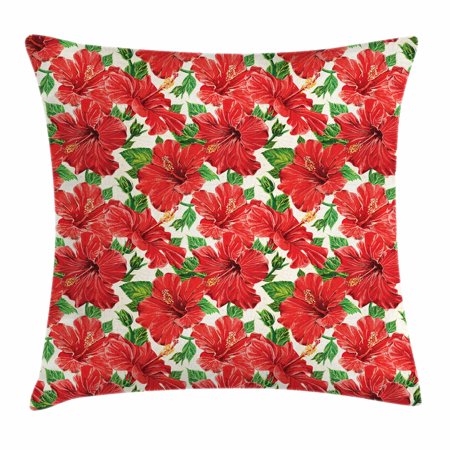 Inspiration Bouquet - Hawaii Throw Pillow Cushion Cover, Botanic Inspirations Floral Bouquet Hand Drawn Red Hibiscuses Retro Theme, Decorative Square Accent Pillow Case, 16 X 16 Inches, Beige Fern Green Red, by Ambesonne