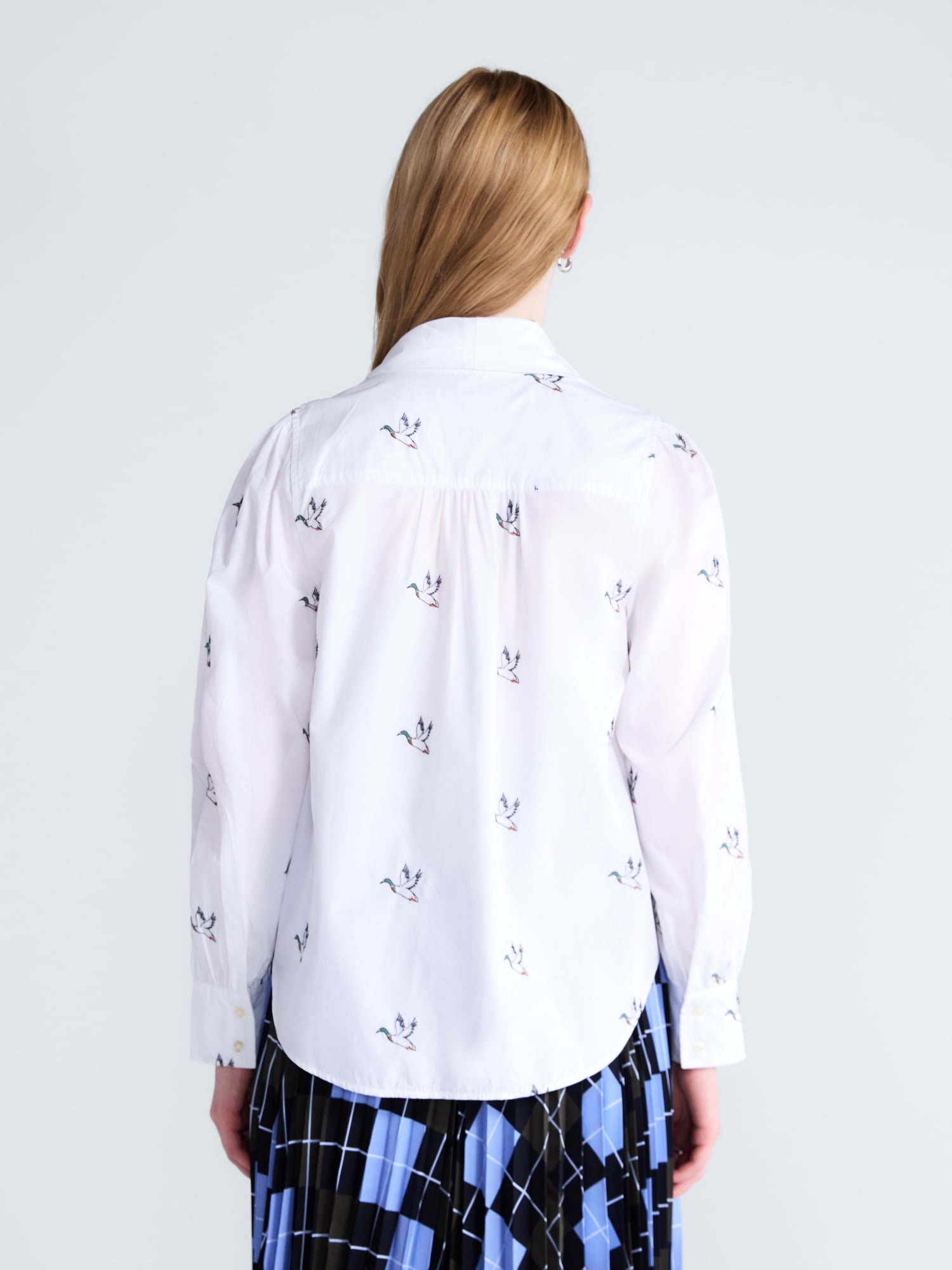 Free Assembly Women's Tie Neck Print Cotton Shirt with Long Puff Sleeves, Sizes XS-XXL