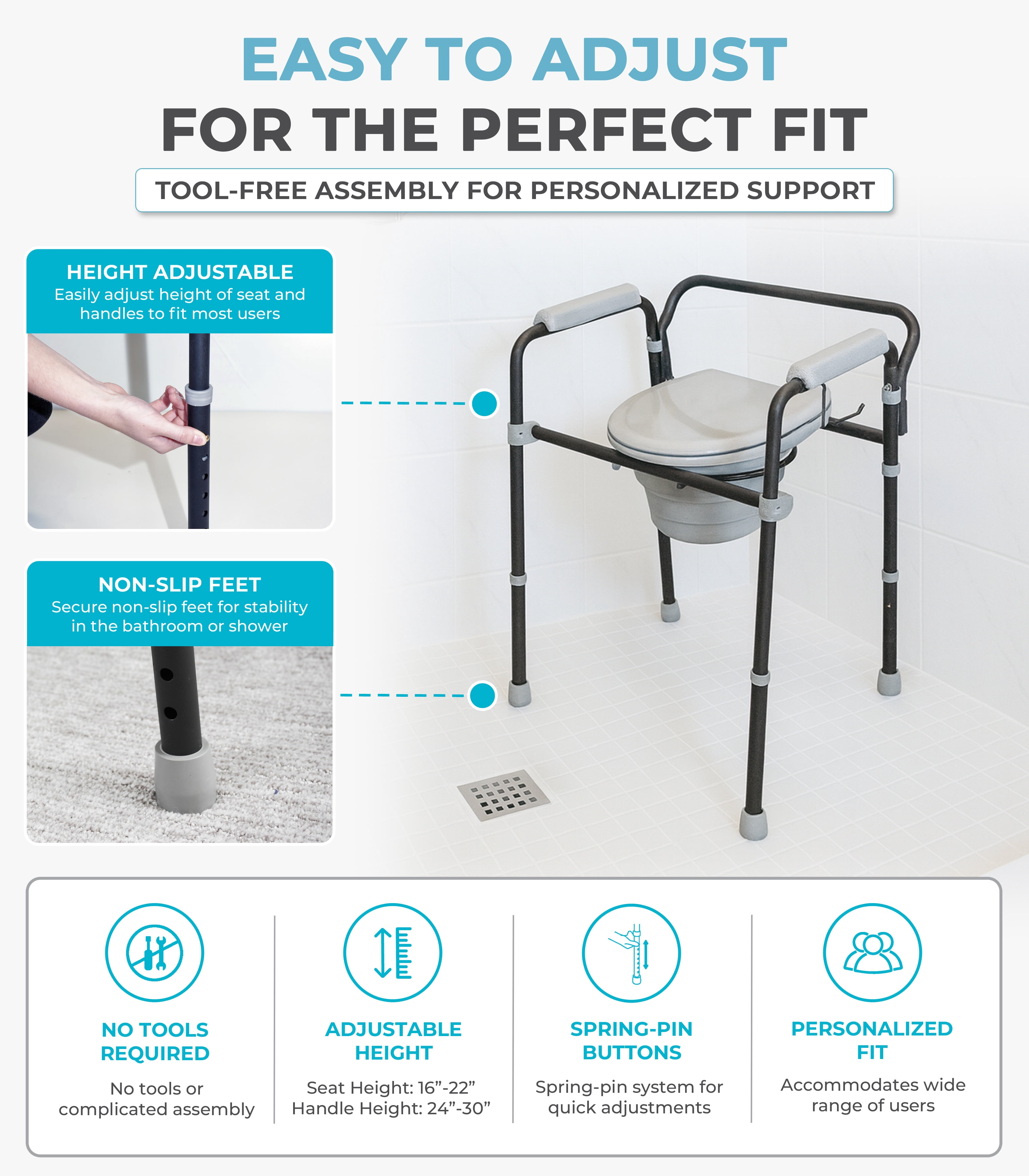 Able Life Bedside Commode, Extra Wide 3-in-1 Toilet Safety Rail, Shower Chair, Portable Toilet for Seniors and Elderly Adults, Commode Chair, Black