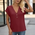 thumbnail image 4 of Craaazy Women's Relaxed Fit V Neck Blouse, Solid Color Short Sleeve Button Accent Tops, Comfy Casual Tee for Summer Gifts, 4 of 5