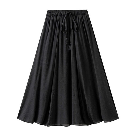 WREESH Womens 2025 Spring Summer Midi Skirt Solid Cotton Linen Dress Fashion A-Line Flared Skirt High Waist Long Skirt Black
