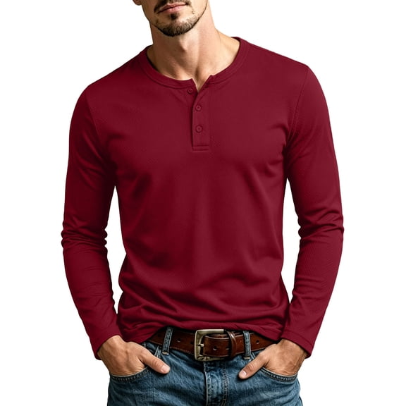 ZGRBOU Men's Long Sleeve Henley Shirts Fall Round Neck Button Pullover Tops Casual Soft Stretch Basic Sports T-Shirts