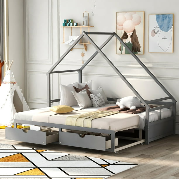 Wood House Daybed for Kids,Aukfa Modern Daybed with Drawers, Kids