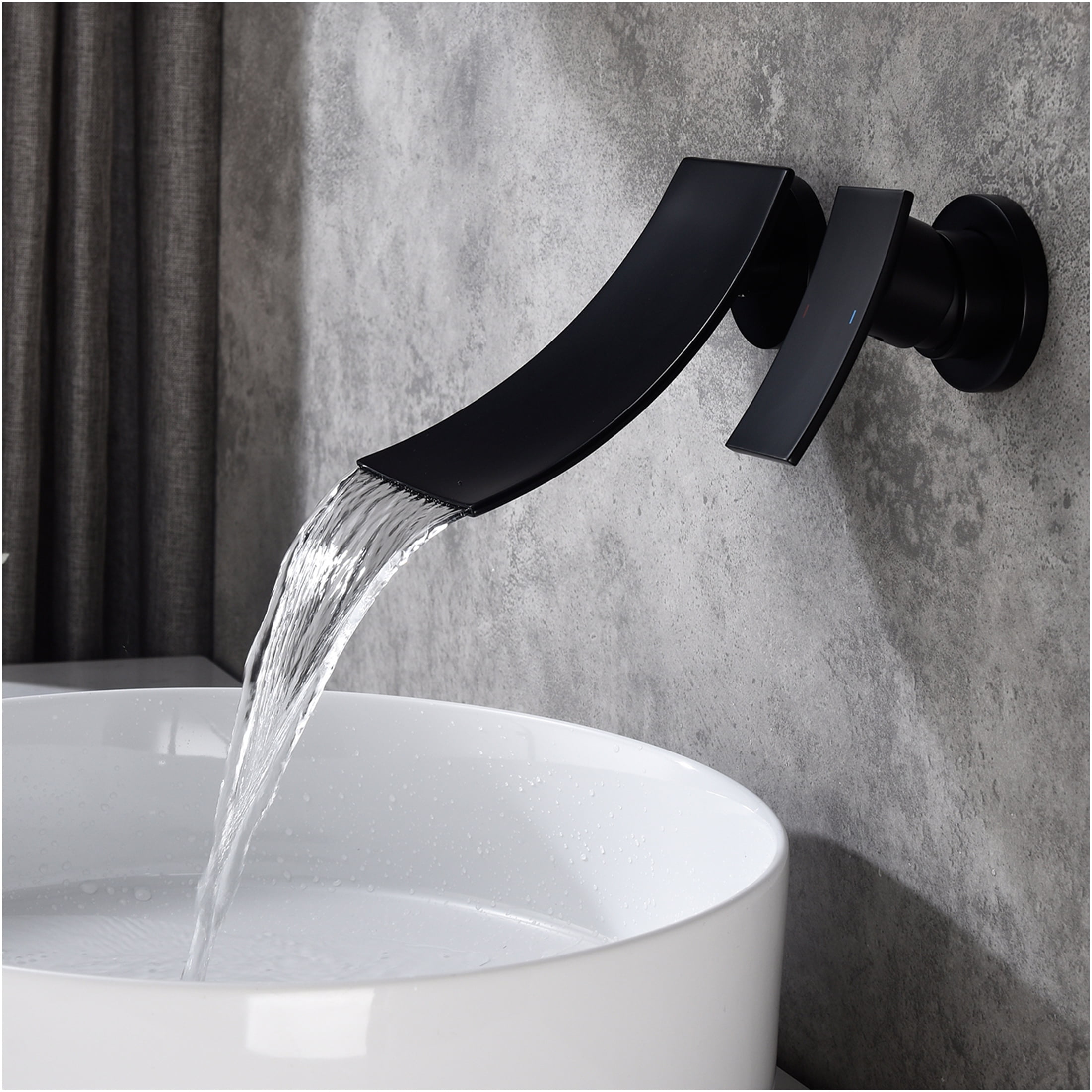 JERFIT Wall Mount Waterfall Bathroom Faucet, Matte Black Widespread Brass Spout Faucet for Vessel Sink, Bathtub