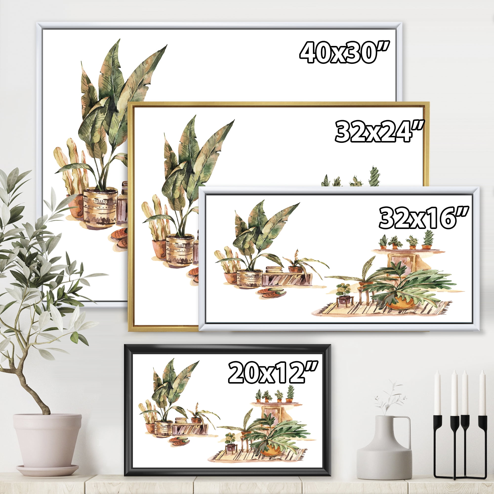 Designart 'Indoor House Plants Urban Jungle in Flowerpots III' Traditional Framed Canvas Wall Art Print