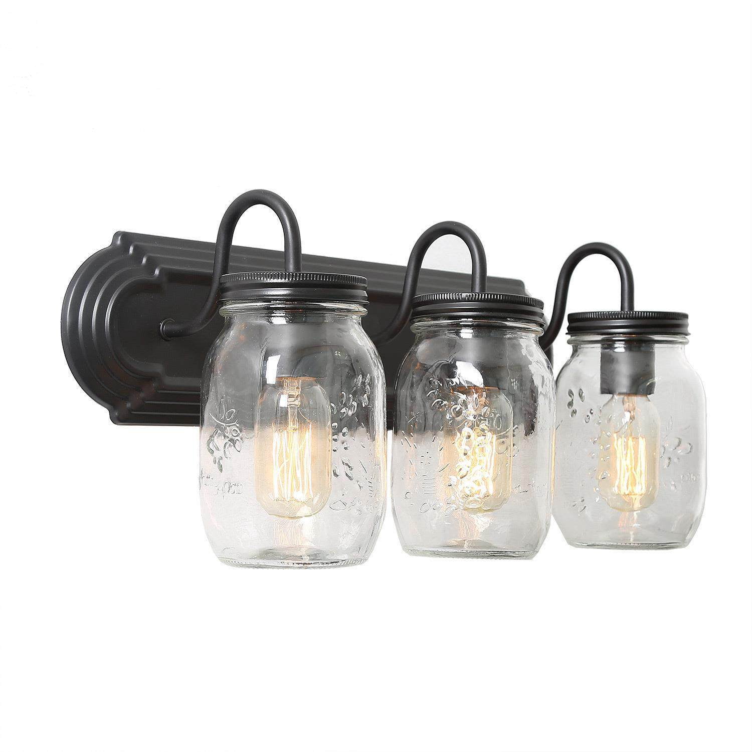 LNC 3-Light Black Geometric Clear Mason Jar Glass Shade Modern Bathroom Vanity Light