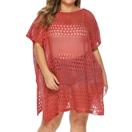 HYSYSB Cover Ups for Swimwear Women mesh Dress shirt Cover Ups for Swimwear Women sheer Dress summer Large Womens Fashion Hollow Sexy Beach Bikini Blouse Dress swim Cover Up for Women Red XL
