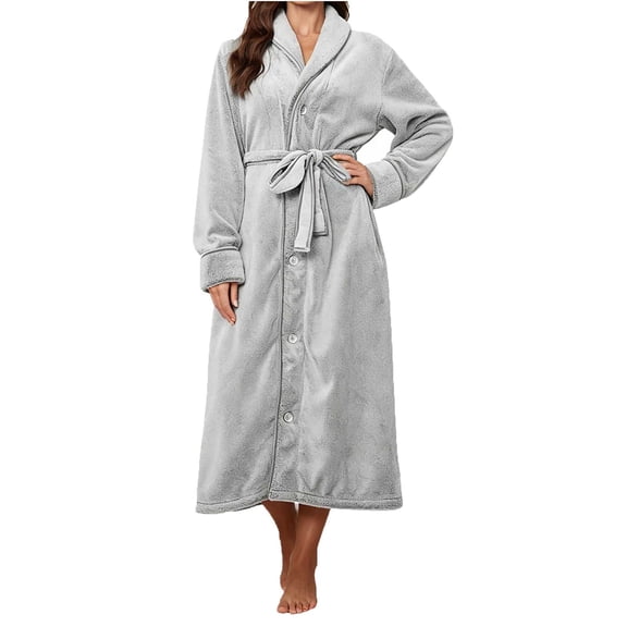 successthop Bath Robes for Women Plus Size with Pockets Long Sleeves Homewear Belted Sleepwear Fall Loungewear Gray XL