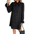 thumbnail image 3 of Women'S Pearl Beaded Tie Neck Long Sleeve Casual Work Short Dress Black L, 3 of 9