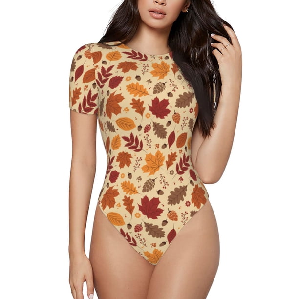 Fotbe Autumn Leaves 2 Body de Mujer con Cuello Redondo y Mangas Cortas, Sin Mangas Ajustado, Suave, Cómodo y Básico-X-Large