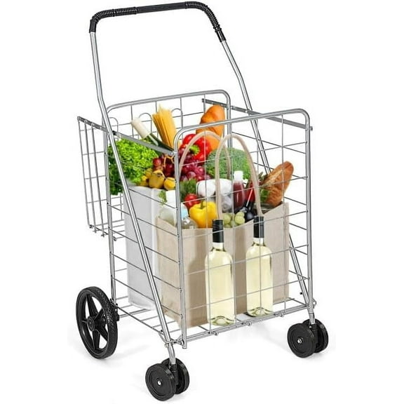 Safeplus Foldable Shopping Cart, Heavy Duty Utility Cart with Rolling Swivel Wheels&Double Basket, Grocery Cart for Grocery Laundry Book Luggage Travel