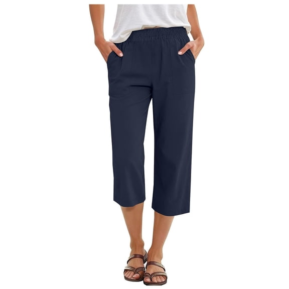 HXWCHs Elegant High Waist Solid Color Capri Pants with Pockets for Women Casual Everyday Wear Comfortable Stretch Trousers S Blue