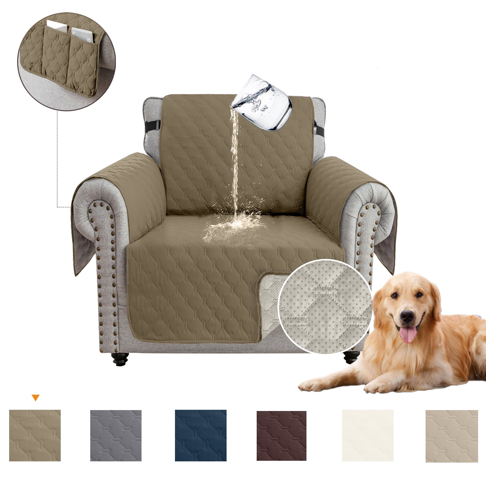 Sanmadrola Sofa Cover 100% Waterproof Couch Slipcovers Washable Non-Slip Furniture Protector with Pockets/Elastic Straps/Silicone Backing for Kids Pets Dogs, Taupe, Chair