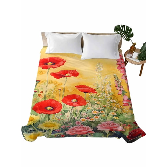 Twin Flat Sheet 66"x96", Poppy Botanical Soft Lightweight Bedding Flat Sheets Only, Vintage Floral Yellow Ombre Brushed Microfiber Top Bed Sheet, Breathable StainResistant Bedsheets