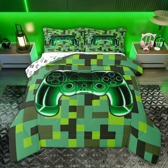 Castle Fairy Green Gamepads Twin Comforter Sets,Pixelated Grid Miners Bedding Set