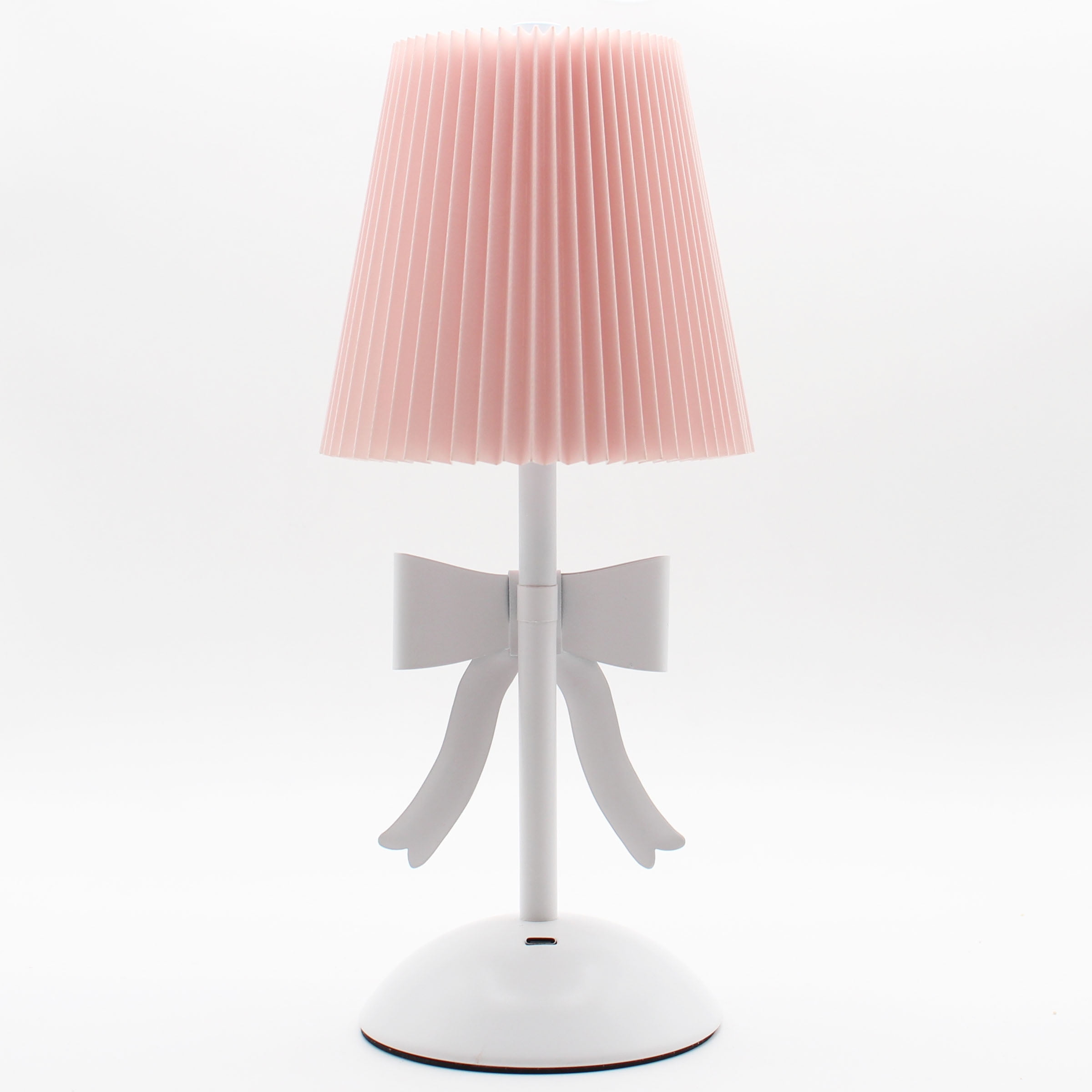 OneDesign Home Portable and Rechargeable Touch Lamp with Pink Fabric Pleated Shade and White Bow Detail: (Includes LED Light Bulb)