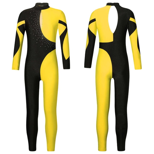 RUNQHUI Girls Long Sleeve Full Body Unitard Shiny Rhinestone Dance Bodysuit Skating Jumpsuit Romper Leotard Yellow 10