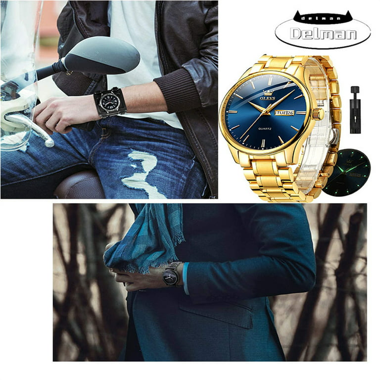 Watches for Men 14k Gold Luxury Big Face with Day Date Fashion Man Wrist  Watch （White/Black/Blue/Gold）Dial