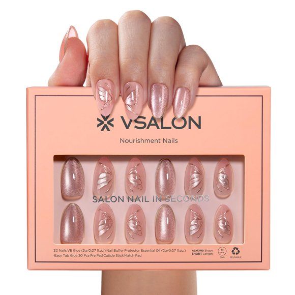 Press On Nails VSALON Short Almond Pink Cat Eye para mujer