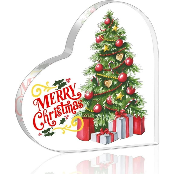 Merry Christmas Decorations Indoor Christmas Tree Signs Heart Shaped Acrylic Plaque Christmas Decorations for Home Room Farmhouse Christmas Sign Coworker Christmas Ornaments,4x4 inch