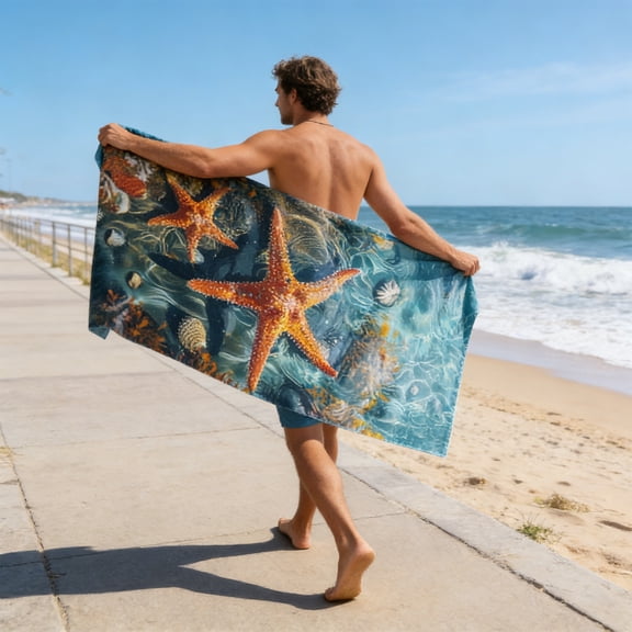 Cififendec Ocean Seashell Microfiber Bath Towel, Oversized Travel Foldable Skin-Friendly Quick Dry Absorbent and Sandproof Beach Towel, Holiday Gift