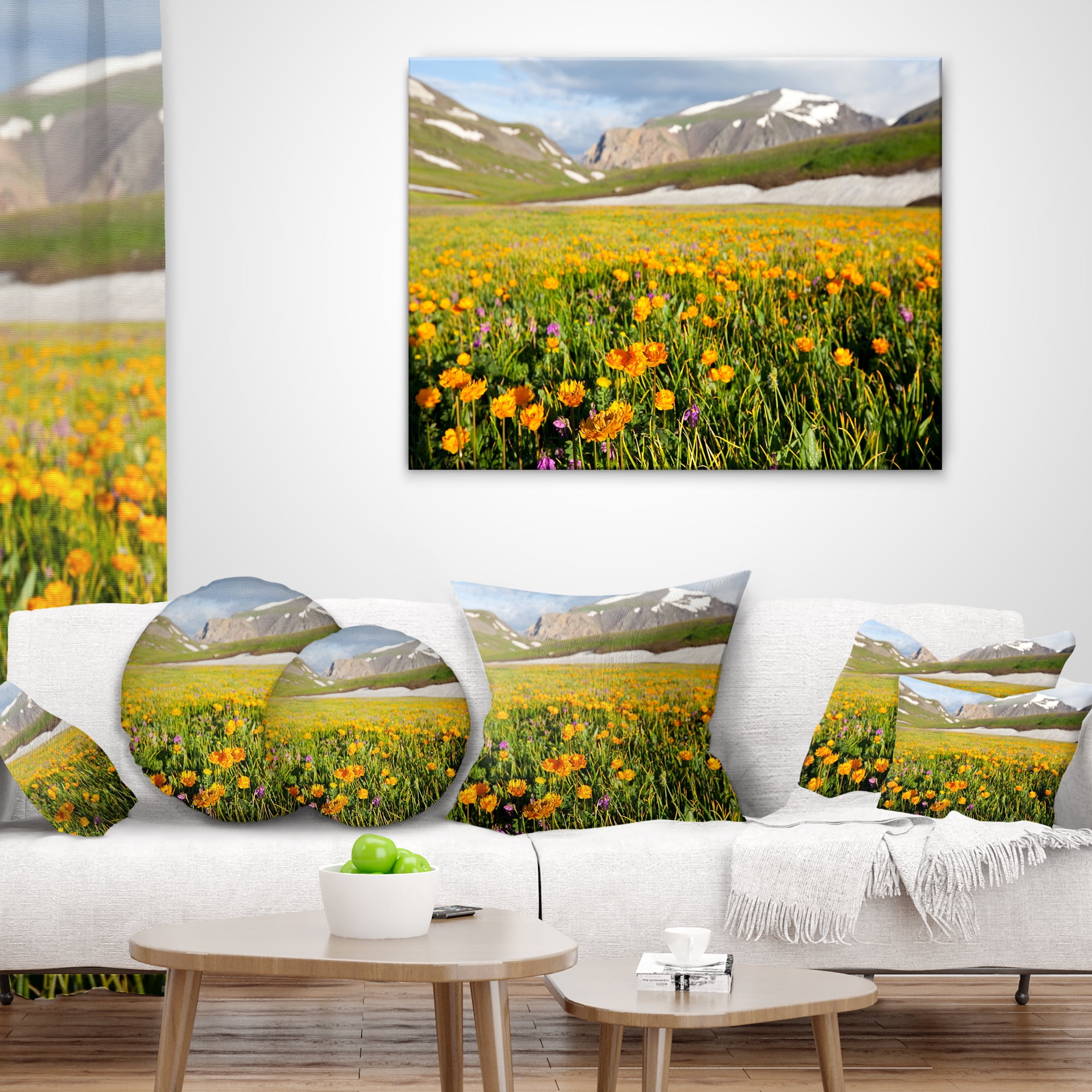 Designart Mountain Plain with Wild Yellow Flowers - Floral Throw Pillow - 16x16