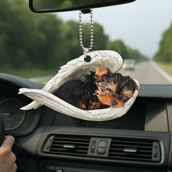 Yorkshire Terrier Yorkie Sleeping Angel Wings Memorial Car Ornament – Pet Tribute & Decor