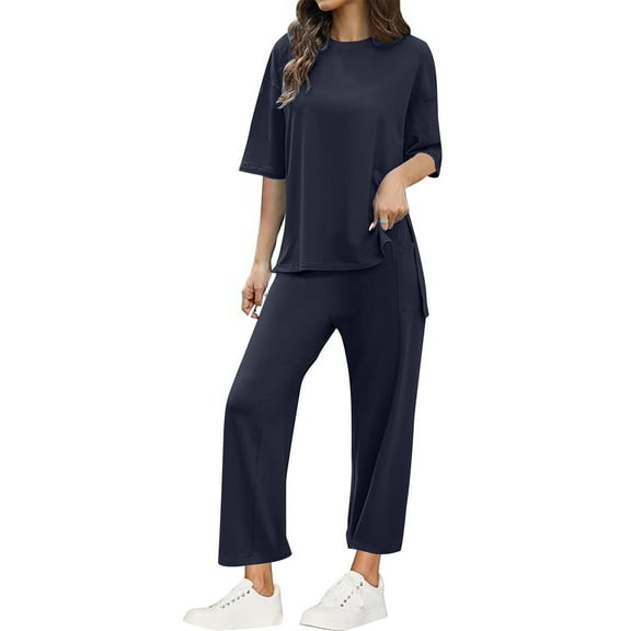 hotojiny Womens 2 Piece Outfits Summer Casual Loose Half Sleeve Pullover Tops and Wide Leg Cropped Pants Lounge Tracksuit