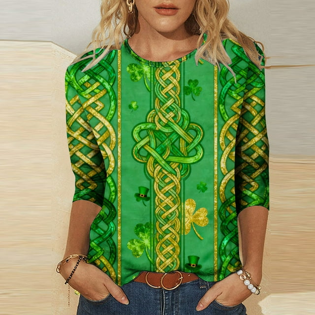 Xuyuer St Patricks Day Shirt Women Irish Shamrock 3/4 Sleeve Tshirts St Paddys Day Tee Tops St. Patrick's Day T-Shirts Crew Neck Spring Graphic Tee Tops Fashion Casual Pullover T-Shirt Top