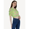thumbnail image 2 of DressBerry Women's Printed Poly Crepe Crop Shirt Casual Summer Buttoned Front Collared Neck Puffed Elbow Sleeves Western Style Slip-On Light Weighted High Waist Shirt Top, 2 of 6