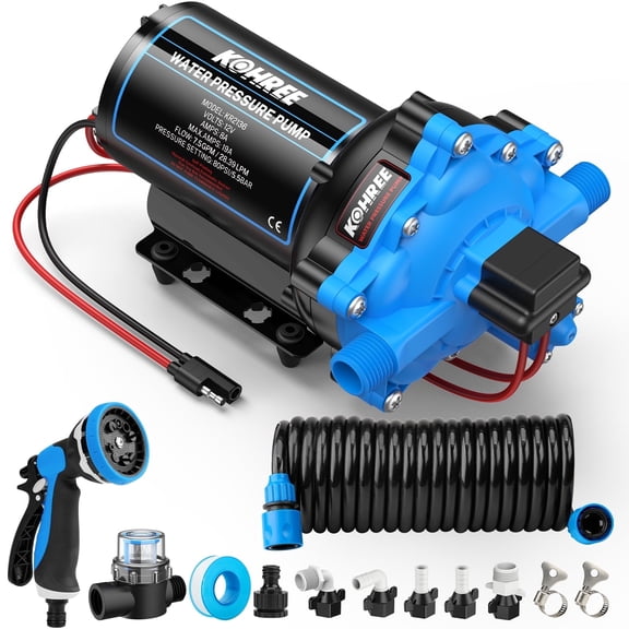 Kohree Upgraded 12V DC Washdown Pump Kit, 7.5GPM 80PSI, Five Chamber Self-Priming Diaphragm Water Pump with Pressure Switch & Spray Nozzle, High Flow for RV, Boat, Marine, Yacht