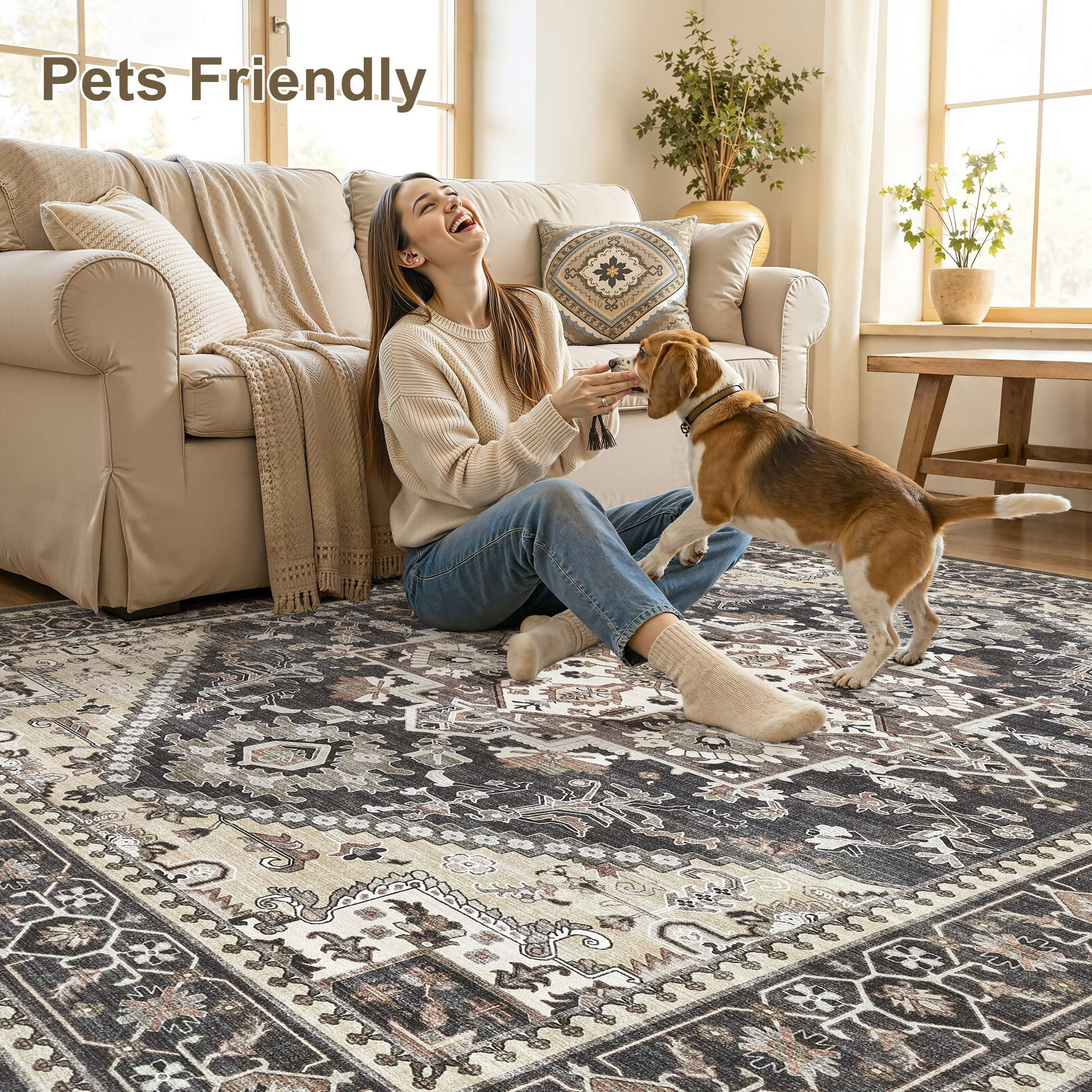 UERMEI Vintage 5'x7' Area Rugs for Living Room, Non-slip Washable Indoor Retro Rug for Bedroom Dining Room Office, Soft Low Pile Floral Rug Home Decor Carpet, Black&Beige