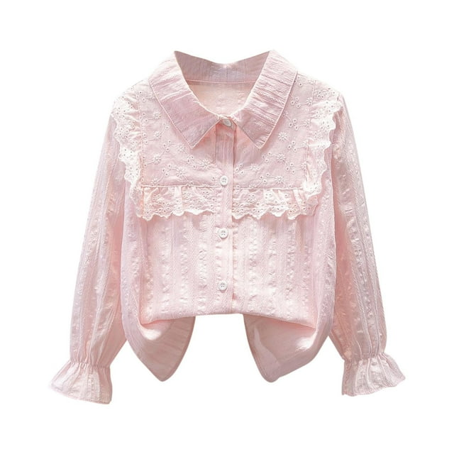 vdgthytj Toddler Girl's Button down Shirts Cute Lace Collared Long Sleeve Dressy Blouse Kids Spring Fall Clothes