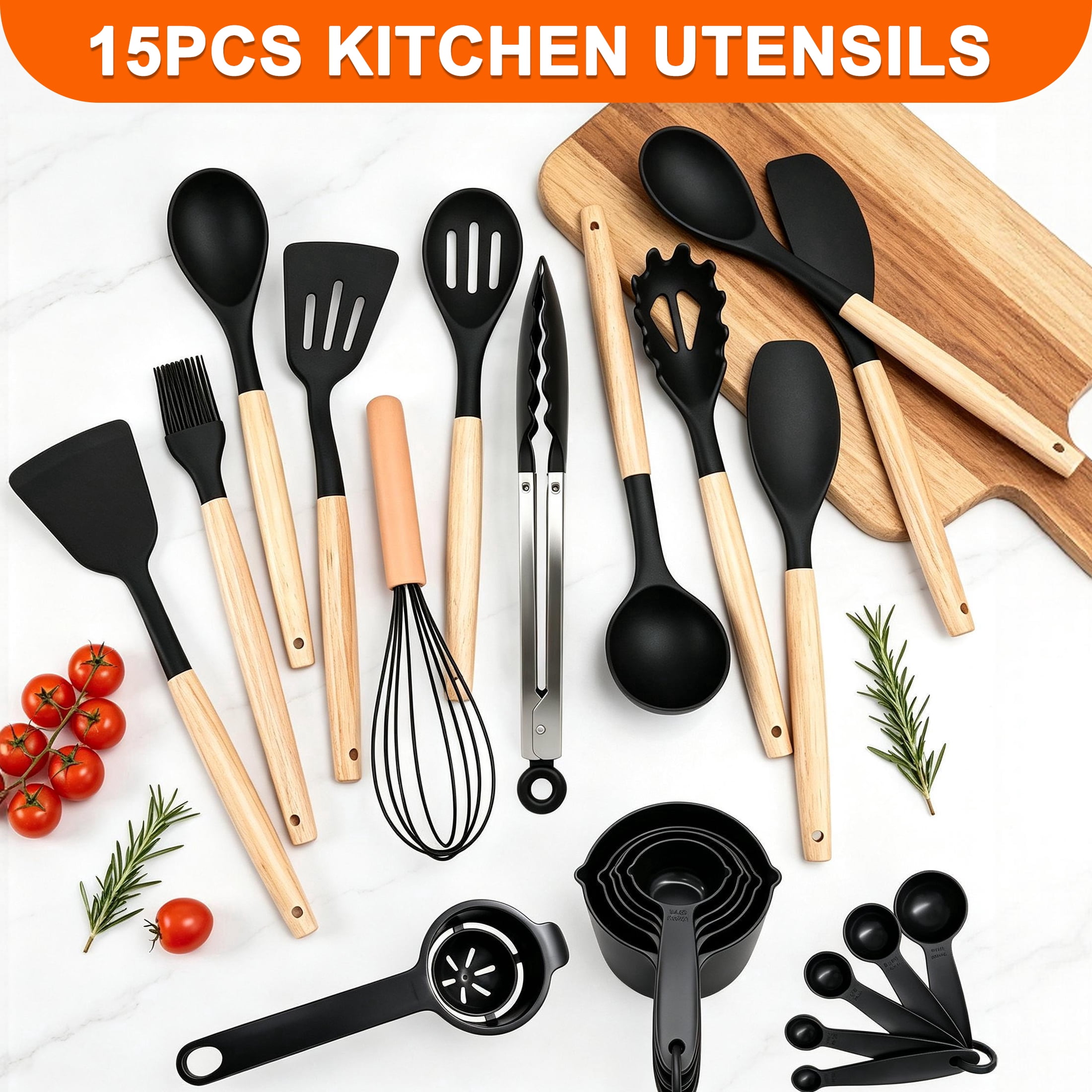 GARITIN Silicone Kitchen Utensils, Cooking Utensils Sets for Nonstick Cookware with Storage Holder, Black