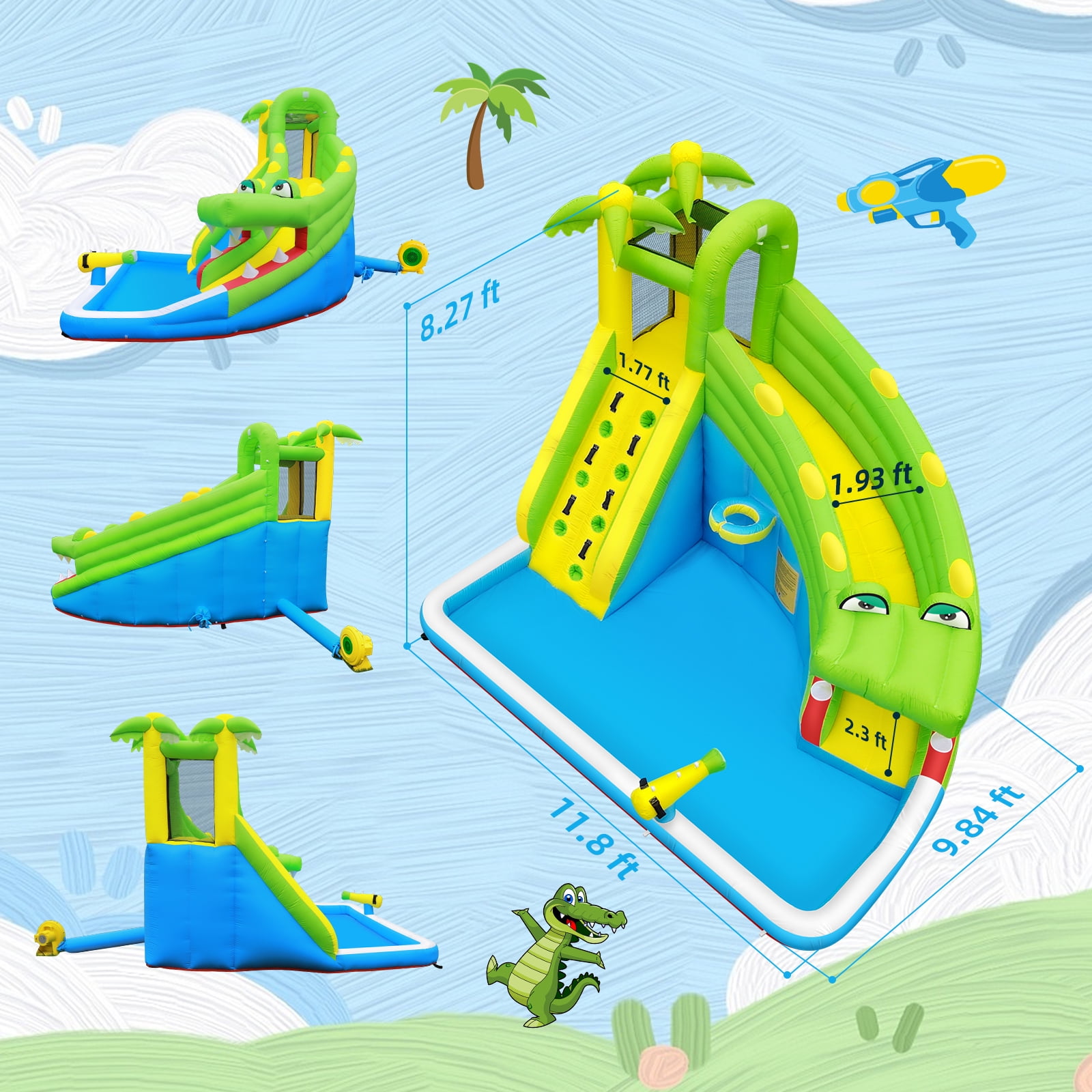 Inflatable Water Slide：5 in 1 Crocodile Bounce House Water Park for Kids - Climbing Wall Splash Pool Water Cannon Basketball Rim - 480W Blower - for Indoor Outdoor Backyard Birthday Party