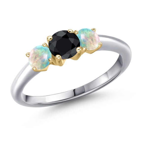 Gem Stone King 10K Two Tone Gold Black Sapphire and Simulated White Opal Engagement Ring for Women | 1.19 Cttw | Round 5MM | Gemstone September Birthstone | Size 8