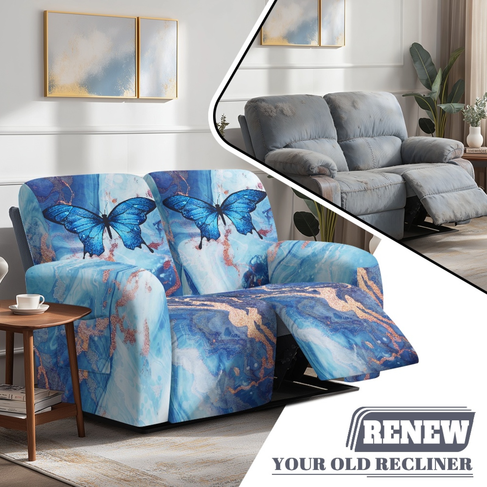 Xoenoiee Blue Butterfly Marble Print Recliner Loveseat Covers, 2 Seater Recliner Couch Covers for 2 Cushion Couch 6 Pieces Stretch Dual Reclining Loveseat Couch Covers