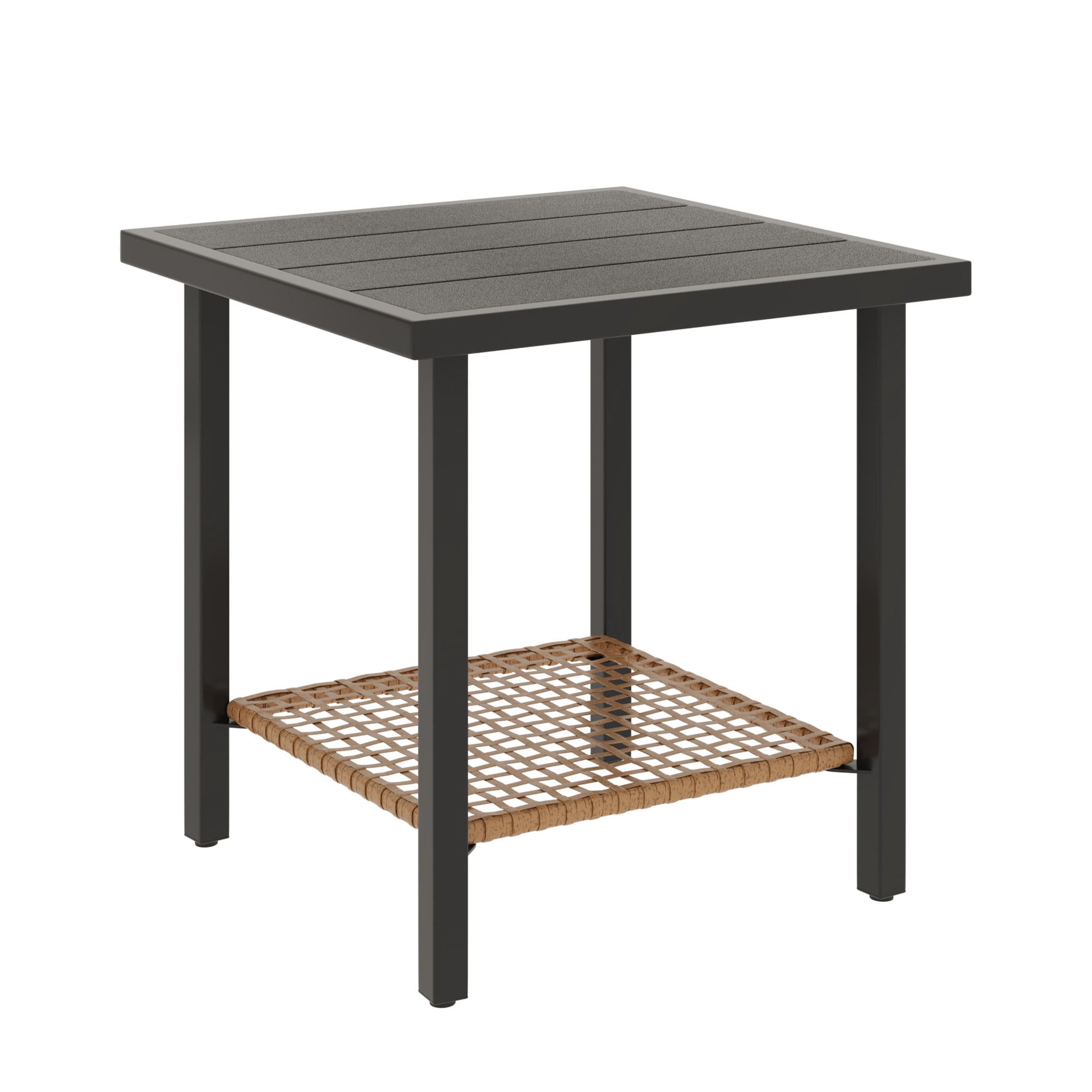 Deersky Outdoor Side Table, 17.7" Square Patio Coffee Table with Lower Wicker Shelf, All-Weather Metal Frame Table for Porch, Balcony, Backyard, Black