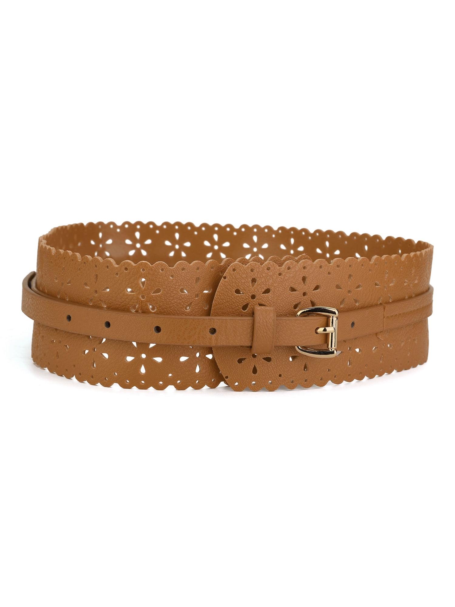 #120 A BROWN 2 HOLE STITCHED LEATHER BELT FOR WOMEN IN SIZES TO FIT MOST 
