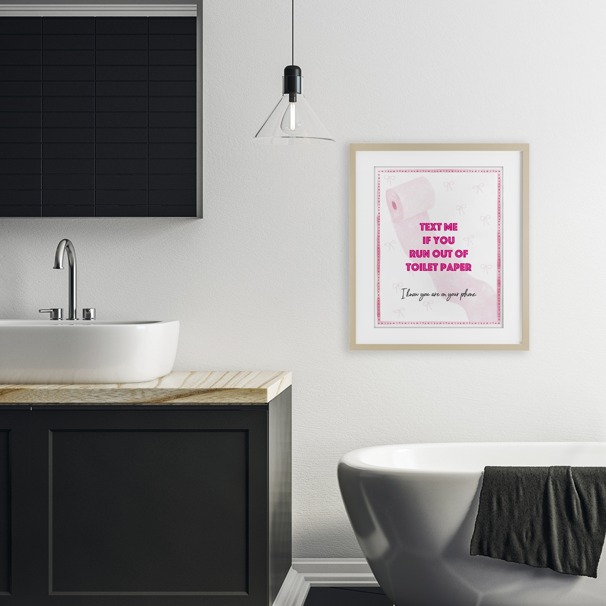 Pink Text for Toilet Paper Birch Framed Print Under Glass, design by Ziwei Li