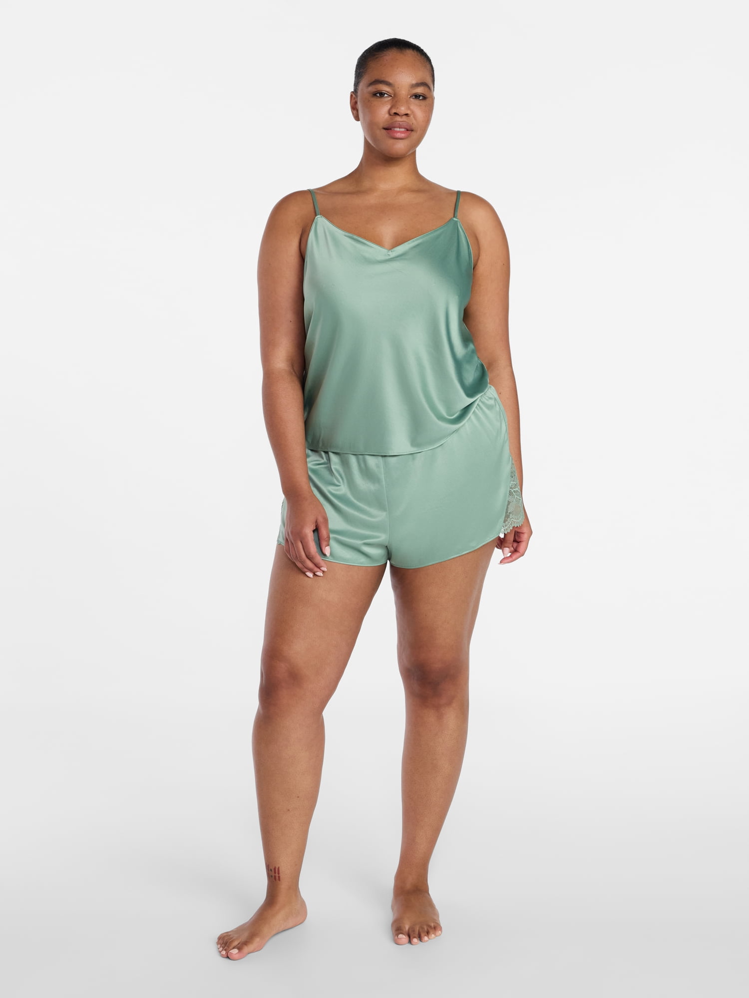 Joyspun Women’s Lace Trim Satin Cami and Shorts Set, Sizes S-3X