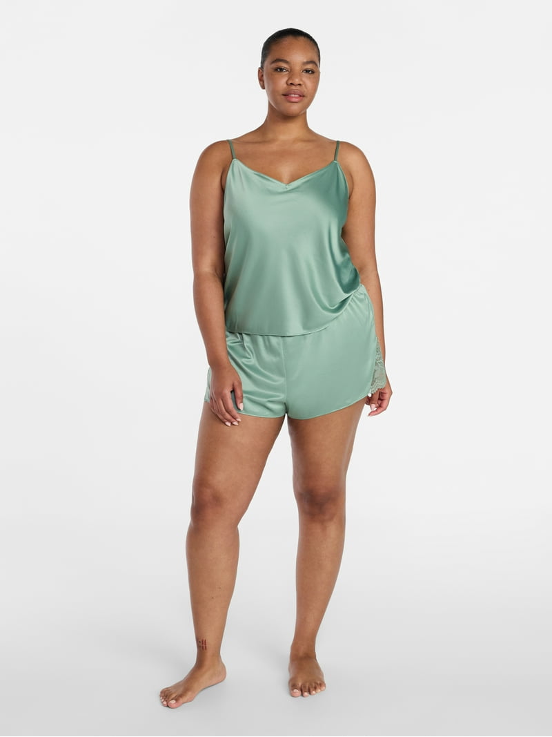 Joyspun Women's Lace Trim Satin Cami and Shorts Set, Sizes S-3X