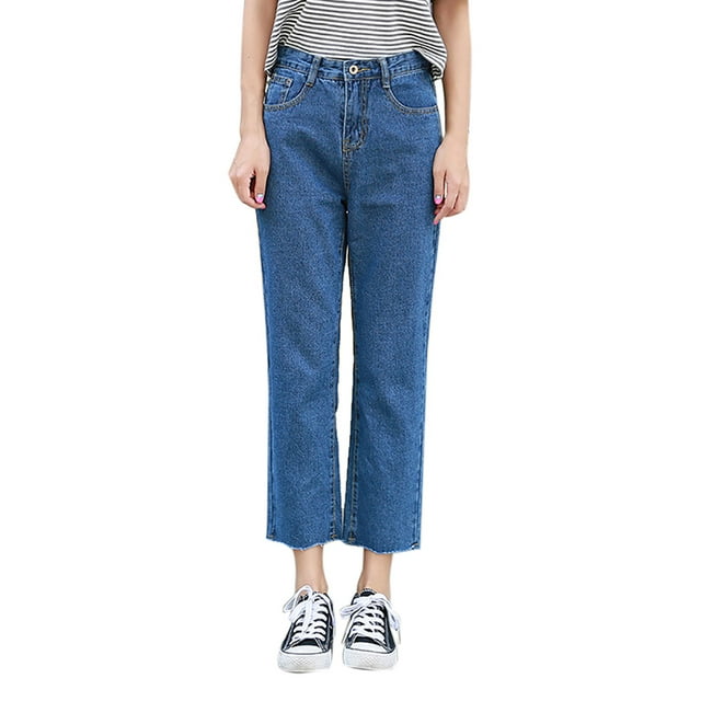 Jeans à Jambe Droite à la Mode Taille Haute Coupe Ajustée Denim Jeans Boyfriend Jeans Raccourcis