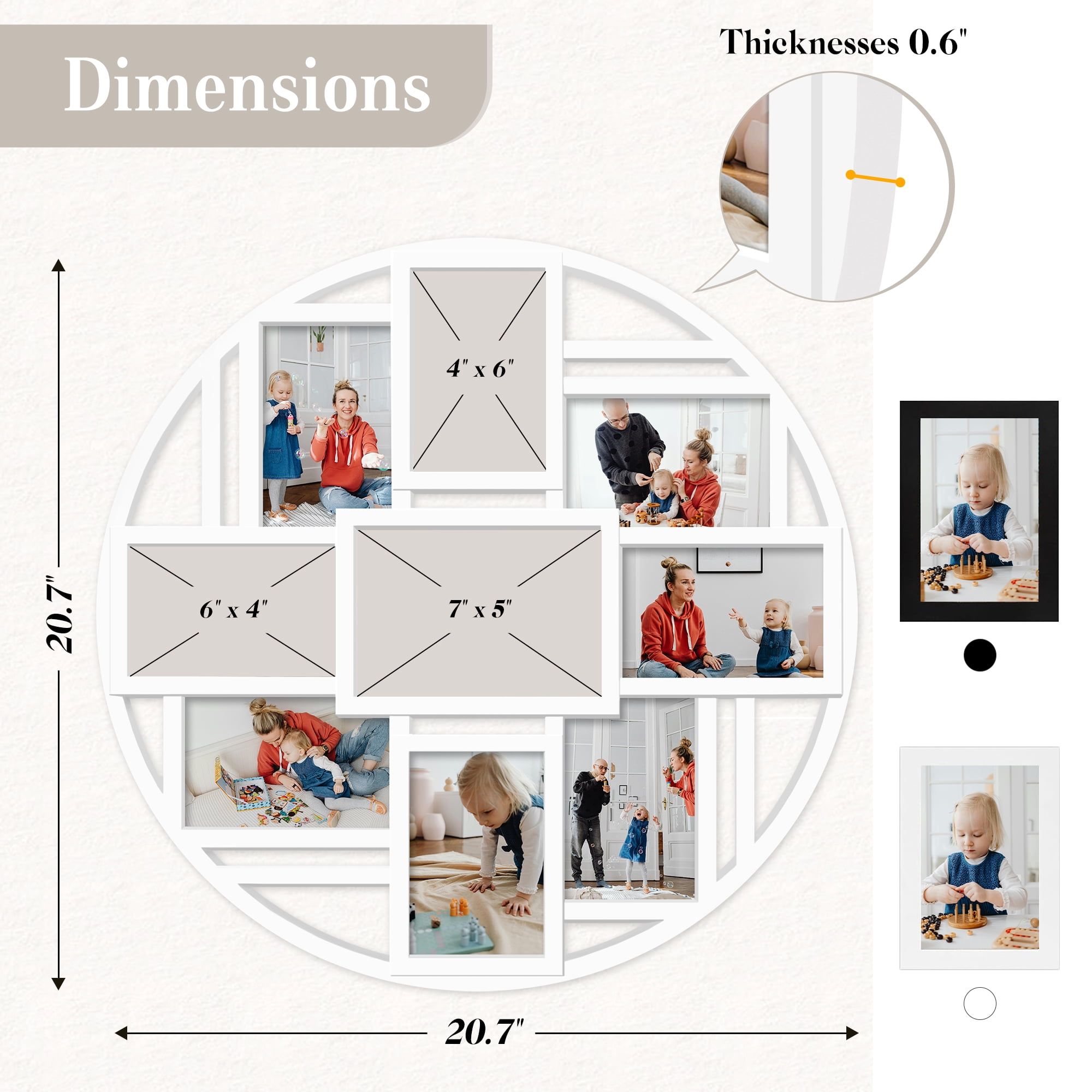 9-Opening Round 4×6 Collage Wall Frame, Multi Picture Photo Frame for Wall, Displays 9 Slots Photos, Family Collage Picture Frames, Cool Gallery-Style Wall Decor (White)