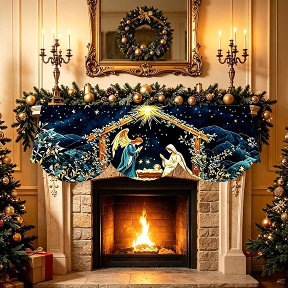 Feledorashia Christmas Nativity Mantel Scarf, Holiday Fireplace Runner, 78.74 x 19.69 Inch Polyester Cover with Printed Birth Scene for Home Decor, Draped Textile for Mantel Console or Long Shelf