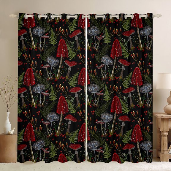 Feelyou Jungle Mushroom Kids Curtains Pack of 2 (42x84 Each), Rustic Leaves Plant Curtains Blackout, Cartoon Botanical Theme Bedroom Curtains, Blackout Curtains Bedroom Decor